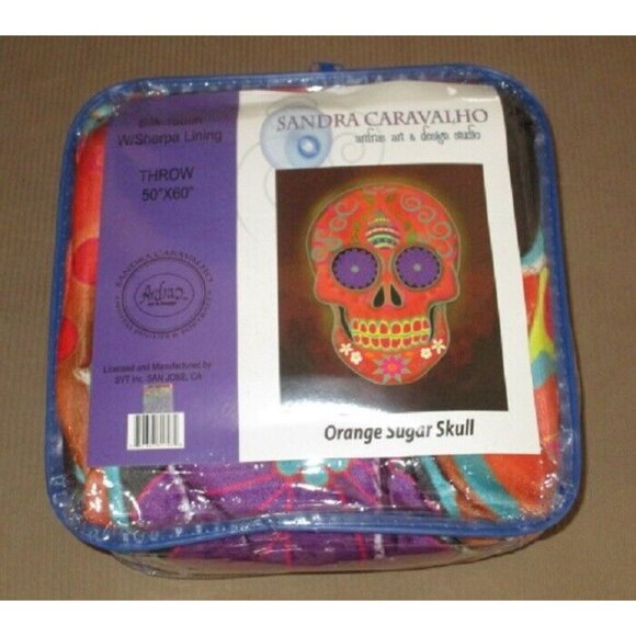 New Orange Sugar Skull Plush Fleece Throw Gift Blanket Sherpa Day of the Dead - Picture 4 of 4